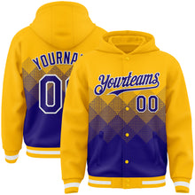 Charger l'image dans la galerie, Custom Gold Dark Purple-White Gradient Square Shape 3D Pattern Design Bomber Full-Snap Varsity Letterman Hoodie Jacket