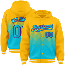 Charger l'image dans la galerie, Custom Gold Lakes Blue-Purple Gradient Square Shape 3D Pattern Design Bomber Full-Snap Varsity Letterman Hoodie Jacket