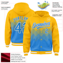 Charger l'image dans la galerie, Custom Gold Powder Blue-White Gradient Square Shape 3D Pattern Design Bomber Full-Snap Varsity Letterman Hoodie Jacket