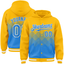 Charger l'image dans la galerie, Custom Gold Powder Blue-White Gradient Square Shape 3D Pattern Design Bomber Full-Snap Varsity Letterman Hoodie Jacket
