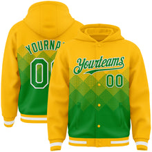 Charger l'image dans la galerie, Custom Gold Grass Green-White Gradient Square Shape 3D Pattern Design Bomber Full-Snap Varsity Letterman Hoodie Jacket