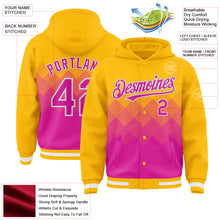 Charger l'image dans la galerie, Custom Gold Deep Pink-White Gradient Square Shape 3D Pattern Design Bomber Full-Snap Varsity Letterman Hoodie Jacket