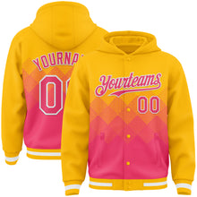 Charger l'image dans la galerie, Custom Gold Neon Pink-White Gradient Square Shape 3D Pattern Design Bomber Full-Snap Varsity Letterman Hoodie Jacket