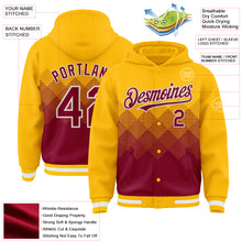 Charger l'image dans la galerie, Custom Gold Maroon-White Gradient Square Shape 3D Pattern Design Bomber Full-Snap Varsity Letterman Hoodie Jacket