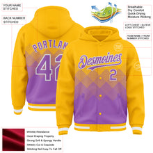 Charger l'image dans la galerie, Custom Gold Medium Purple-White Gradient Square Shape 3D Pattern Design Bomber Full-Snap Varsity Letterman Hoodie Jacket