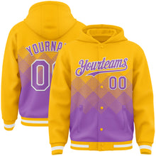 Charger l'image dans la galerie, Custom Gold Medium Purple-White Gradient Square Shape 3D Pattern Design Bomber Full-Snap Varsity Letterman Hoodie Jacket