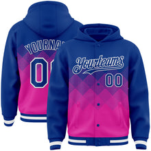 Charger l'image dans la galerie, Custom Royal Deep Pink-White Gradient Square Shape 3D Pattern Design Bomber Full-Snap Varsity Letterman Hoodie Jacket