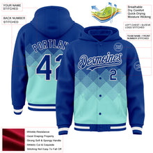 Charger l'image dans la galerie, Custom Royal Ice Blue-White Gradient Square Shape 3D Pattern Design Bomber Full-Snap Varsity Letterman Hoodie Jacket