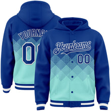 Charger l'image dans la galerie, Custom Royal Ice Blue-White Gradient Square Shape 3D Pattern Design Bomber Full-Snap Varsity Letterman Hoodie Jacket