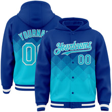 Charger l'image dans la galerie, Custom Royal Lakes Blue-White Gradient Square Shape 3D Pattern Design Bomber Full-Snap Varsity Letterman Hoodie Jacket