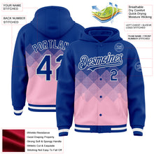 Charger l'image dans la galerie, Custom Royal Light Pink-White Gradient Square Shape 3D Pattern Design Bomber Full-Snap Varsity Letterman Hoodie Jacket