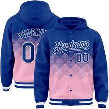 Charger l'image dans la galerie, Custom Royal Light Pink-White Gradient Square Shape 3D Pattern Design Bomber Full-Snap Varsity Letterman Hoodie Jacket