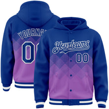 Charger l'image dans la galerie, Custom Royal Medium Purple-White Gradient Square Shape 3D Pattern Design Bomber Full-Snap Varsity Letterman Hoodie Jacket