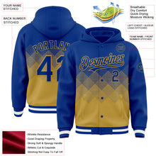 Charger l'image dans la galerie, Custom Royal Old Gold-White Gradient Square Shape 3D Pattern Design Bomber Full-Snap Varsity Letterman Hoodie Jacket