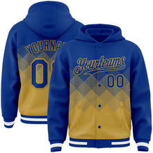 Charger l'image dans la galerie, Custom Royal Old Gold-White Gradient Square Shape 3D Pattern Design Bomber Full-Snap Varsity Letterman Hoodie Jacket
