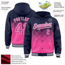 Charger l'image dans la galerie, Custom Navy Pink-White Gradient Square Shape 3D Pattern Design Bomber Full-Snap Varsity Letterman Hoodie Jacket