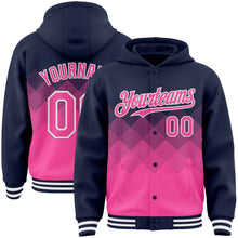Charger l'image dans la galerie, Custom Navy Pink-White Gradient Square Shape 3D Pattern Design Bomber Full-Snap Varsity Letterman Hoodie Jacket