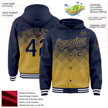 Charger l'image dans la galerie, Custom Navy Old Gold-White Gradient Square Shape 3D Pattern Design Bomber Full-Snap Varsity Letterman Hoodie Jacket