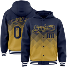 Charger l'image dans la galerie, Custom Navy Old Gold-White Gradient Square Shape 3D Pattern Design Bomber Full-Snap Varsity Letterman Hoodie Jacket