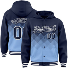 Load image into Gallery viewer, Custom Navy Light Blue-White Gradient Square Shape 3D Pattern Design Bomber Full-Snap Varsity Letterman Hoodie Jacket