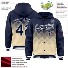 Charger l'image dans la galerie, Custom Navy Cream-White Gradient Square Shape 3D Pattern Design Bomber Full-Snap Varsity Letterman Hoodie Jacket