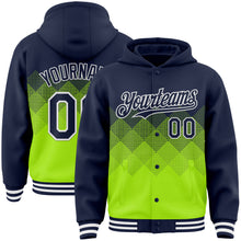Charger l'image dans la galerie, Custom Navy Neon Green-White Gradient Square Shape 3D Pattern Design Bomber Full-Snap Varsity Letterman Hoodie Jacket