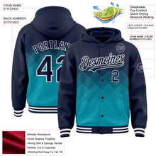 Charger l'image dans la galerie, Custom Navy Teal-White Gradient Square Shape 3D Pattern Design Bomber Full-Snap Varsity Letterman Hoodie Jacket