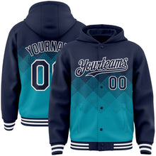 Charger l'image dans la galerie, Custom Navy Teal-White Gradient Square Shape 3D Pattern Design Bomber Full-Snap Varsity Letterman Hoodie Jacket