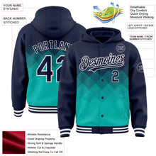 Charger l'image dans la galerie, Custom Navy Aqua-White Gradient Square Shape 3D Pattern Design Bomber Full-Snap Varsity Letterman Hoodie Jacket