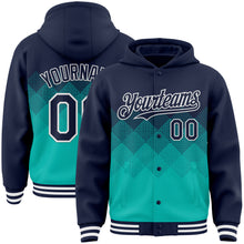 Charger l'image dans la galerie, Custom Navy Aqua-White Gradient Square Shape 3D Pattern Design Bomber Full-Snap Varsity Letterman Hoodie Jacket