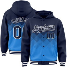 Charger l'image dans la galerie, Custom Navy Powder Blue-White Gradient Square Shape 3D Pattern Design Bomber Full-Snap Varsity Letterman Hoodie Jacket