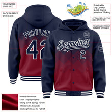 Charger l'image dans la galerie, Custom Navy Crimson-White Gradient Square Shape 3D Pattern Design Bomber Full-Snap Varsity Letterman Hoodie Jacket