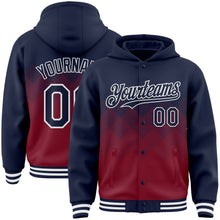 Charger l'image dans la galerie, Custom Navy Crimson-White Gradient Square Shape 3D Pattern Design Bomber Full-Snap Varsity Letterman Hoodie Jacket