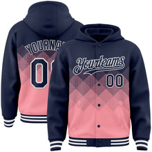 Charger l'image dans la galerie, Custom Navy Medium Pink-White Gradient Square Shape 3D Pattern Design Bomber Full-Snap Varsity Letterman Hoodie Jacket