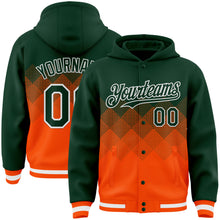 Charger l'image dans la galerie, Custom Green Orange-White Gradient Square Shape 3D Pattern Design Bomber Full-Snap Varsity Letterman Hoodie Jacket