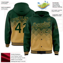 Charger l'image dans la galerie, Custom Green Old Gold-Black Gradient Square Shape 3D Pattern Design Bomber Full-Snap Varsity Letterman Hoodie Jacket