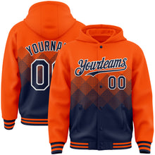 Charger l'image dans la galerie, Custom Orange Navy-White Gradient Square Shape 3D Pattern Design Bomber Full-Snap Varsity Letterman Hoodie Jacket