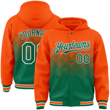 Charger l'image dans la galerie, Custom Orange Kelly Green-White Gradient Square Shape 3D Pattern Design Bomber Full-Snap Varsity Letterman Hoodie Jacket