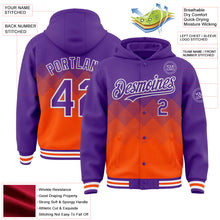 Charger l'image dans la galerie, Custom Purple Orange-White Gradient Square Shape 3D Pattern Design Bomber Full-Snap Varsity Letterman Hoodie Jacket