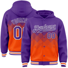 Charger l'image dans la galerie, Custom Purple Orange-White Gradient Square Shape 3D Pattern Design Bomber Full-Snap Varsity Letterman Hoodie Jacket