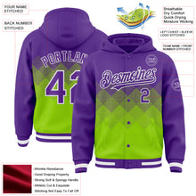 Charger l'image dans la galerie, Custom Purple Neon Green-White Gradient Square Shape 3D Pattern Design Bomber Full-Snap Varsity Letterman Hoodie Jacket