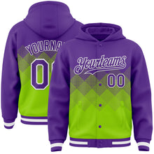 Charger l'image dans la galerie, Custom Purple Neon Green-White Gradient Square Shape 3D Pattern Design Bomber Full-Snap Varsity Letterman Hoodie Jacket
