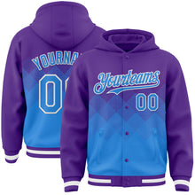 Charger l'image dans la galerie, Custom Purple Powder Blue-White Gradient Square Shape 3D Pattern Design Bomber Full-Snap Varsity Letterman Hoodie Jacket