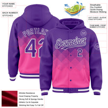 Charger l'image dans la galerie, Custom Purple Pink-White Gradient Square Shape 3D Pattern Design Bomber Full-Snap Varsity Letterman Hoodie Jacket