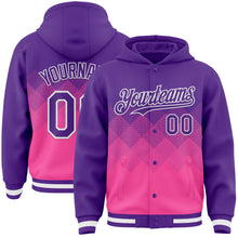 Charger l'image dans la galerie, Custom Purple Pink-White Gradient Square Shape 3D Pattern Design Bomber Full-Snap Varsity Letterman Hoodie Jacket