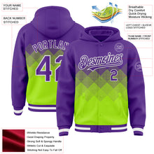 Charger l'image dans la galerie, Custom Purple Neon Green-White Gradient Square Shape 3D Pattern Design Bomber Full-Snap Varsity Letterman Hoodie Jacket