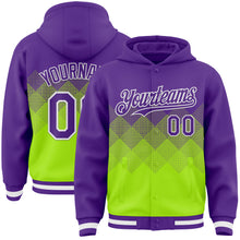 Charger l'image dans la galerie, Custom Purple Neon Green-White Gradient Square Shape 3D Pattern Design Bomber Full-Snap Varsity Letterman Hoodie Jacket