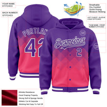 Charger l'image dans la galerie, Custom Purple Neon Pink-White Gradient Square Shape 3D Pattern Design Bomber Full-Snap Varsity Letterman Hoodie Jacket