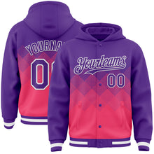 Charger l'image dans la galerie, Custom Purple Neon Pink-White Gradient Square Shape 3D Pattern Design Bomber Full-Snap Varsity Letterman Hoodie Jacket