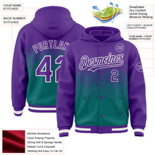 Laden Sie das Bild in den Galerie-Viewer, Custom Purple Teal-White Gradient Square Shape 3D Pattern Design Bomber Full-Snap Varsity Letterman Hoodie Jacket